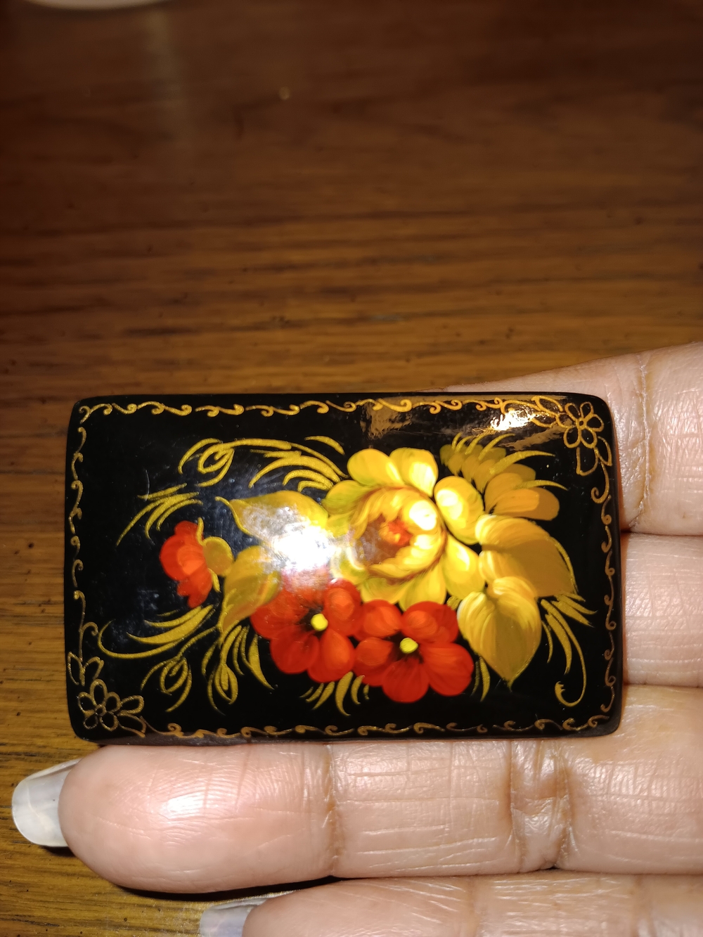 Hand-Painted Floral Black Lacquer Brooch - Yellow & Red Flowers